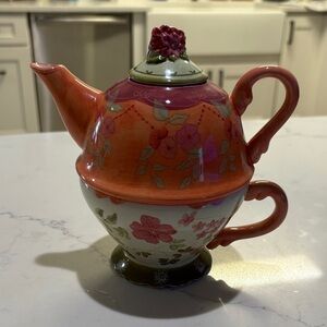 Tracy Porter Floral Teapot and Cup Set - Orange and Pink